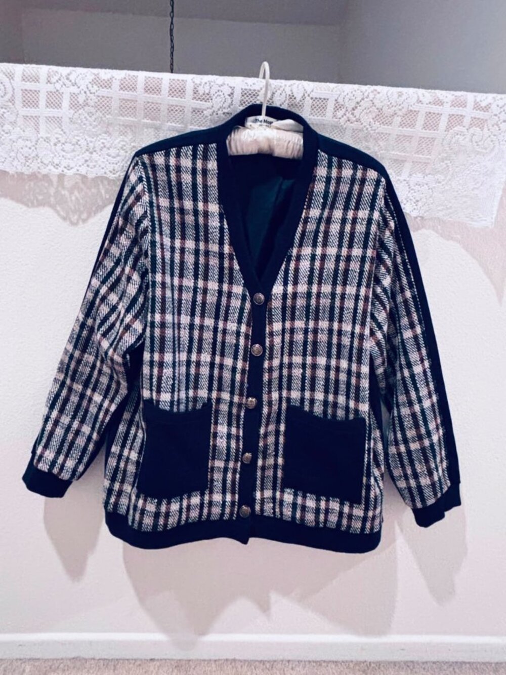 The Most Plaid V-Neck Cardigan Sweater Gold Buttons Made in Korea